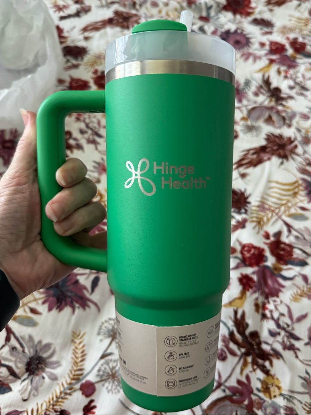 Stanley 30 oz Green Travel Mug with Handle and straw- says Hinge Health, NEW